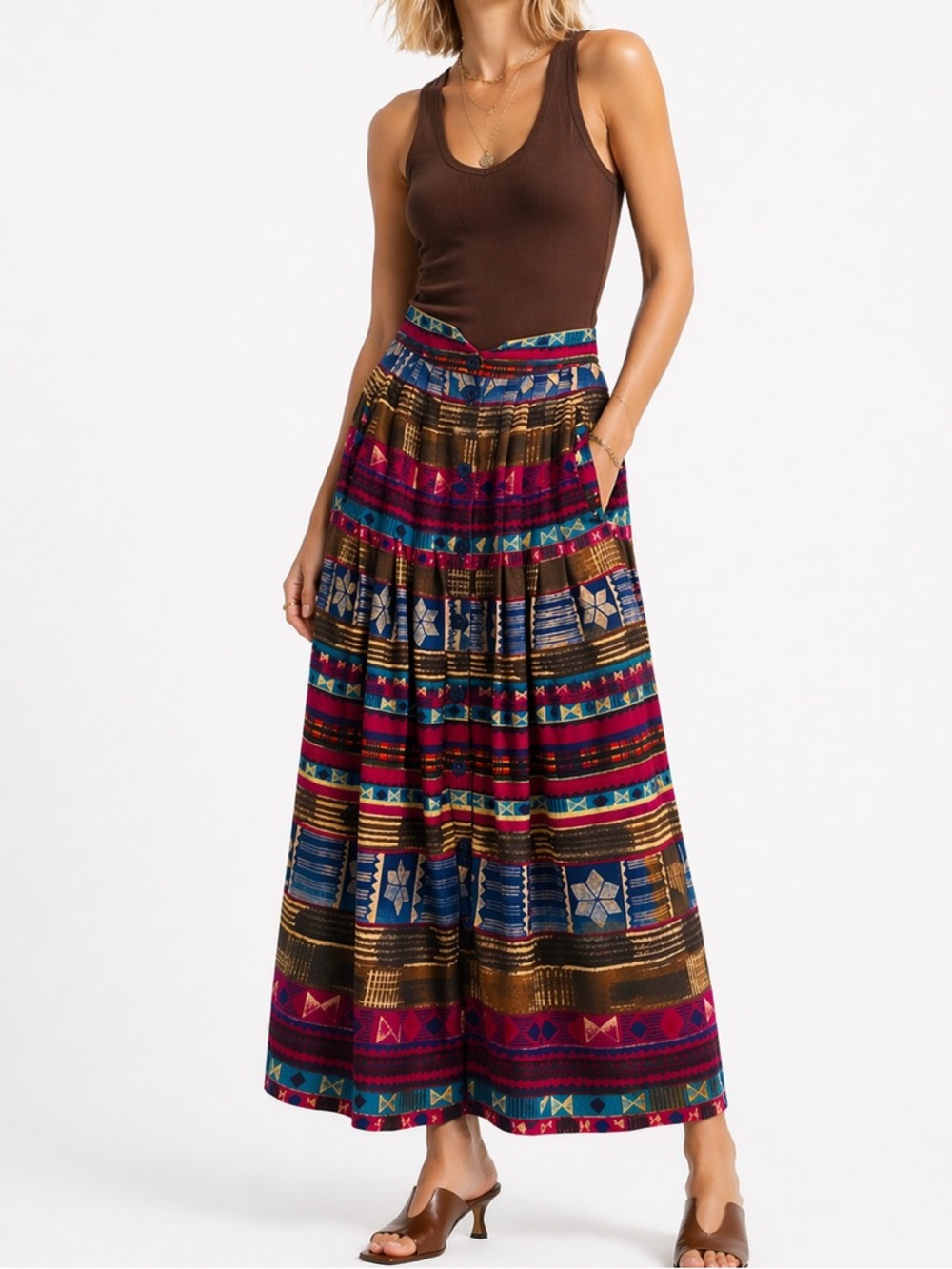 ESCADA Vintage Colorful Southwest Style Print Button Down Front Midi Skirt Sz 4